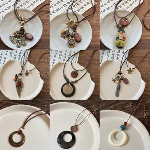 Vintage Bohemian Long Pendant Necklace Copper Alloy Wood Beads Handmade Ethnic Style Zen Jewelry For Women