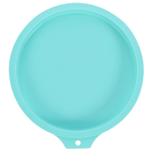 Detail of round lake blue silicone baking mold with a convenient lifting handle design