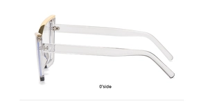 Side view of cat-eye glasses with transparent frame and elegant gold metal trim