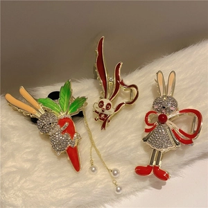 Rabbit Hair Claw Clip Alloy Rhinestone Enamel With Artificial Pearl Tassel National Style Large Shark Clip For Women Cute Accessory