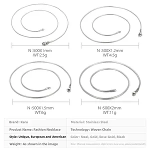 Comparison chart of 1mm to 2mm stainless steel snake chains in four color finishes