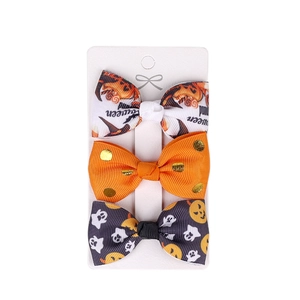 3-piece Halloween bow hair clips set with pumpkin, ghost, and orange gold dot designs