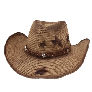 Brown woven western cowboy straw hat with star patterns and leather star studded band