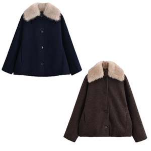 Women Long Woolen Jacket With Detachable Faux Fur Collar Solid Color Single Breasted Loose Winter Outerwear