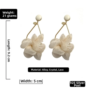 Detailed view of beige lace flower earrings with crystal centers and 925 silver needles
