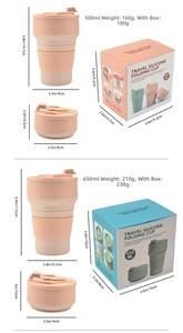 Detailed size chart for collapsible silicone travel cups in 500ml and 650ml capacities