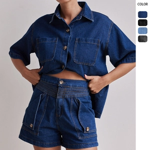 Damen Retro Denim Top Und Bottom Set Einfarbig Verwittert Kurzarm Hemd Und Hohe Taille Shorts Lässiges Sommer Outfit