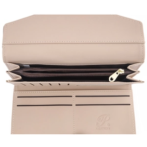Beige PU leather long trifold wallet for women featuring multiple card slots and zipper
