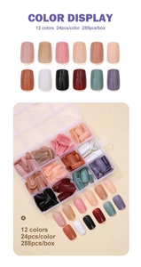 Detail view of 12-color glossy solid press-on nail kit in a 16-grid storage box