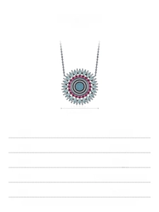 Macro detail of S925 sterling silver sunflower pendant with blue stone and size labels