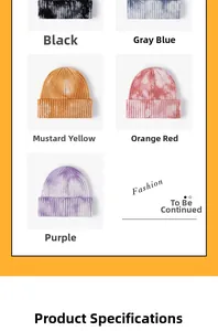 Close-up of ribbed tie-dye beanies showing color options like blue, yellow and purple
