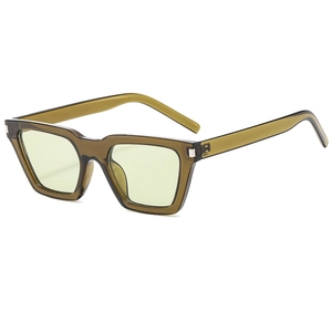 Elegant olive green square sunglasses with vintage translucent frame and light green lenses