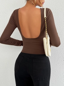 Detailed back view of a slim fit brown knit top with a deep U-shape open back design
