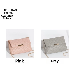 Detailed comparison of pink and grey quilted crossbody bags with golden chain straps