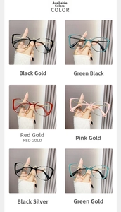 Detailed close-up of cat-eye metal glasses frames in six different stylish color variations