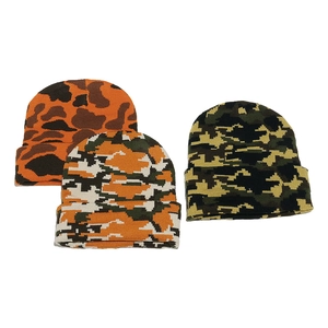 Winter camo knit beanie hats in orange, grey, and green camouflage patterns for men