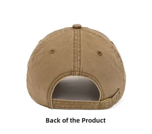 Detailed back view of washed cotton baseball cap with adjustable metal buckle strap