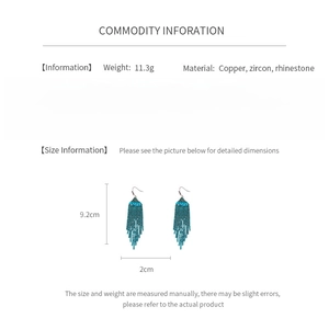 Detailed dimension guide for blue tassel fan earrings with zircon and copper accents