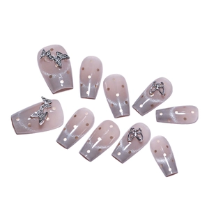 Cat eye press-on nails with 3D silver diamond butterflies and glitter on grey gradient