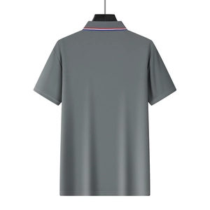 Rear view of gray short-sleeve polo shirt with tricolor neck stripe on white background