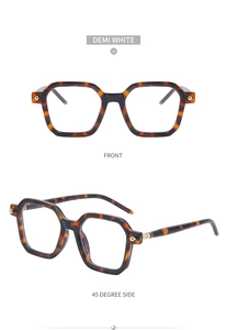 Detailed views of tortoise shell square frames showing front and 45-degree side angles