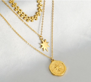 Detailansicht der goldfarbenen Mehrlagenkette mit Hexagramm und Sonnenanhänger