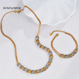 Two-tone layered oval link stainless steel necklace and bracelet jewelry set