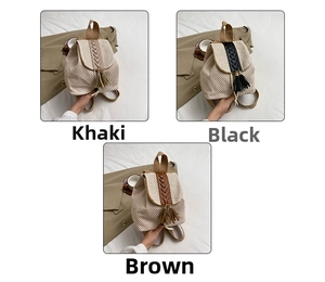 Straw weave backpack detail showing khaki black and brown color options with tassels