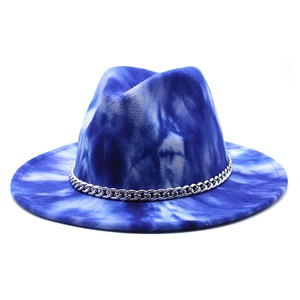 Blue and white tie-dye wide brim fedora hat with a bold silver metal chain band