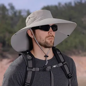 Cappello da sole grigio scuro da uomo a tesa larga con rete traspirante per trekking e pesca