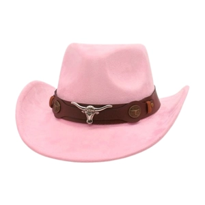 Ethnic Western Cowboy Hat Vintage Faux Suede Fedora Hat With Bull Head Metal Decor Brown Leather Belt For Men Women Stage
