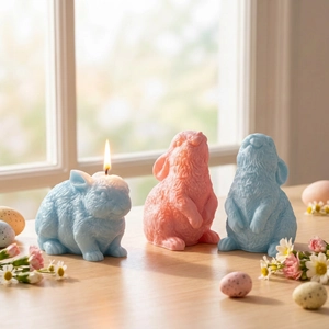 Trois bougies décoratives en forme de lapin roses et bleu clair sur une table