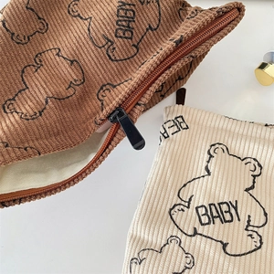 Detailed macro view of corduroy fabric texture and cute bear print on makeup bags