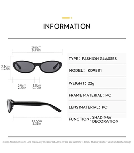 Size chart for small frame cat eye sunglasses showing dimensions and PC frame specifications