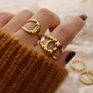 Minimalist 18K gold plated stainless steel open rings with beaded and multi-layer twist design
