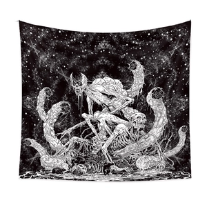 Bohemian black and white skull tapestry featuring gothic skeletons and cosmic star patterns