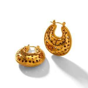 Titanium steel hoop earrings with hollow star and moon patterns in 18K gold finish