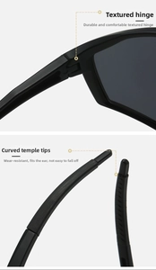 Detail of durable metal hinges and non-slip curved temple tips on black sports sunglasses