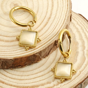 Macro view of gold-plated square cat eye stone earrings displayed on a natural wood surface