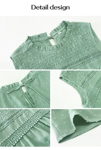 Detail of light green sleeveless blouse with lace patchwork and ruffled high neck collar
