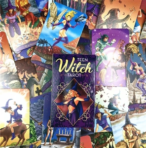 Macro shot of Teen Witch Tarot deck box surrounded by vibrant fantasy cartoon cards