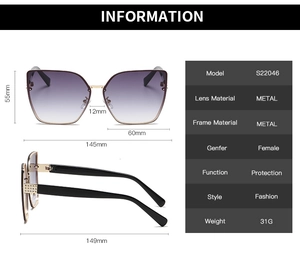 Detailed size chart of oversized cat eye sunglasses with metal frame and purple gradient lenses