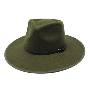 Close-up of military green wool fedora hat featuring black leather belt buckle decoration