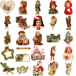 50 pieces of vintage Christmas stickers featuring Santa and Victorian winter illustrations
