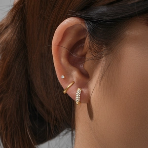 Detail of S925 silver gold-plated ear cuff, cz hoop earring and small stud earring set