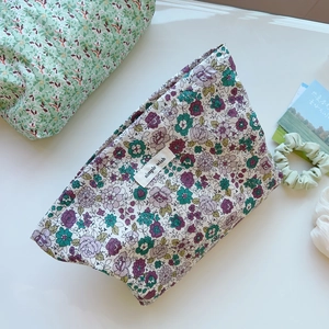 Floral cotton makeup bags with green and purple flower patterns and simple wish label