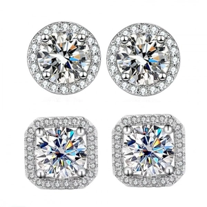 Luxury Zinc Alloy Geometric Rhinestone Stud Earrings Necklace With 925 Sterling Silver Post Square Heart Flower Jewelry