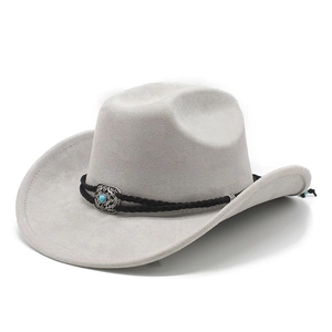 Light gray suede western cowboy hat with turquoise buckle and black woven rope