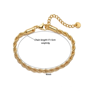 Golden 4mm stainless steel twisted rope chain bracelet with lobster clasp for women