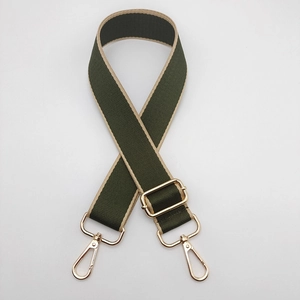 Detail of adjustable 3.8cm canvas strap in dark green and beige with gold metal hooks